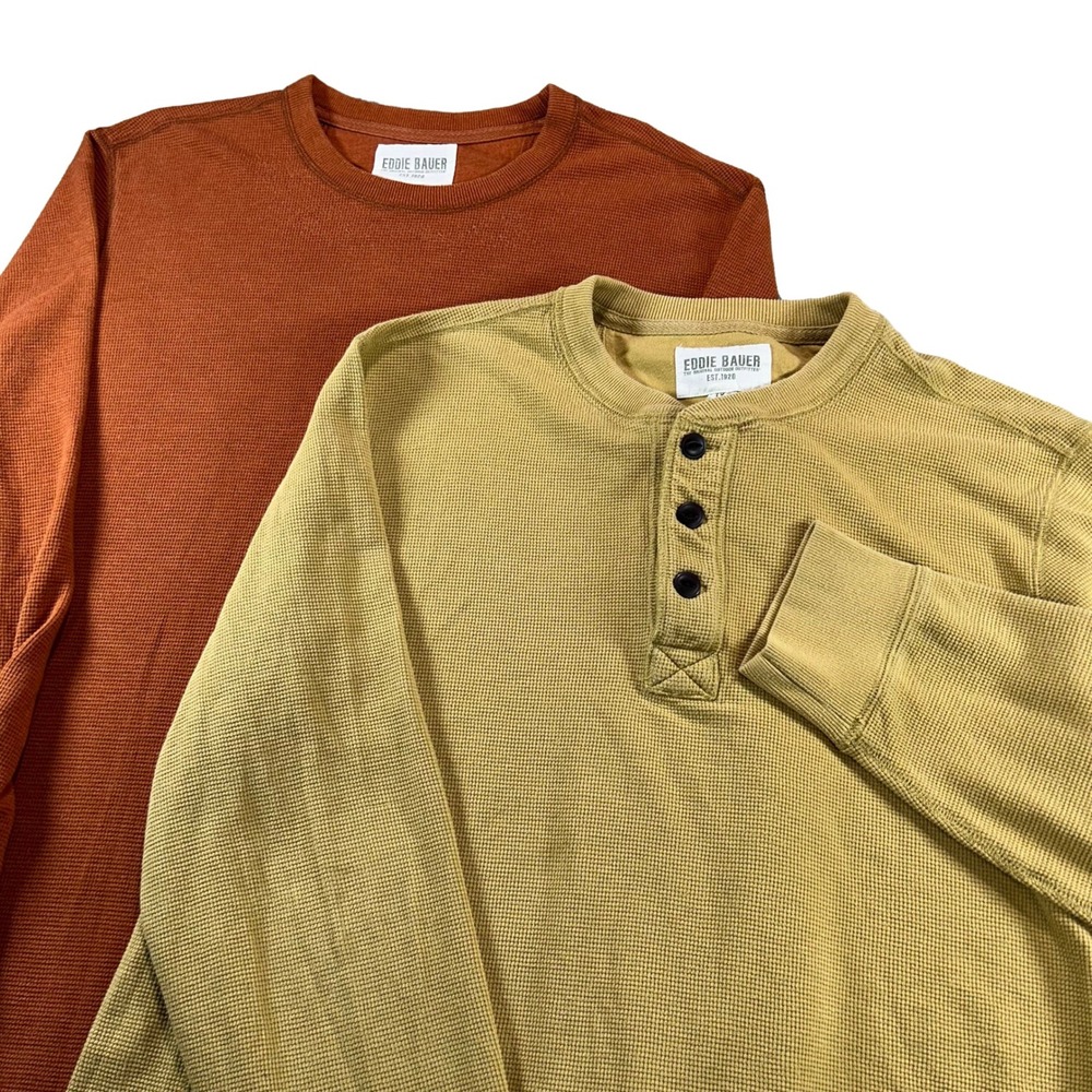 Eddie Bauer Waffle Knit Shirts Men TXL XL Tall Orange Yellow Henley Crew - 2 Lot